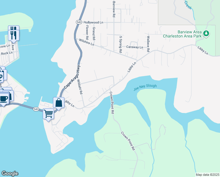 map of restaurants, bars, coffee shops, grocery stores, and more near 90901 Libby Lane in Coos Bay
