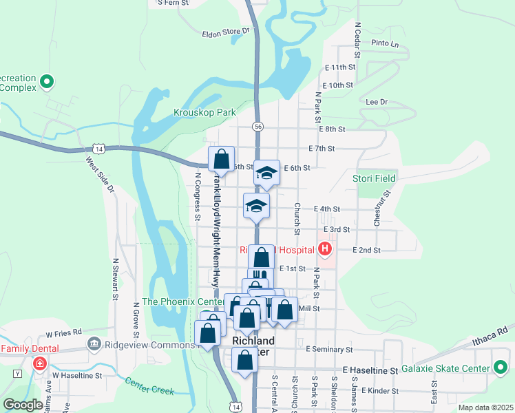 map of restaurants, bars, coffee shops, grocery stores, and more near 586 North Main Street in Richland Center