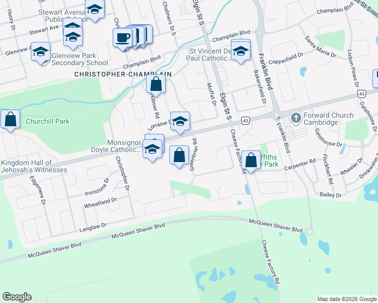 map of restaurants, bars, coffee shops, grocery stores, and more near 180 Greenbrier Road in Cambridge