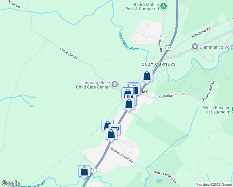 map of restaurants, bars, coffee shops, grocery stores, and more near 53 Nicholas Drive in Wells