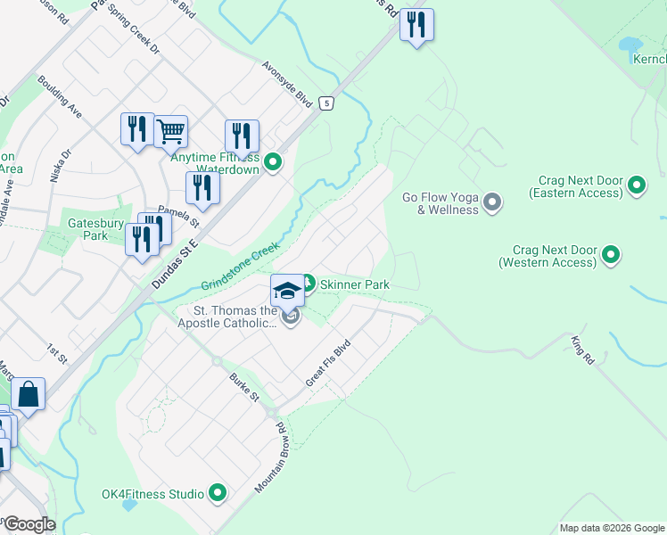map of restaurants, bars, coffee shops, grocery stores, and more near 11 Trailbank Gardens in Hamilton