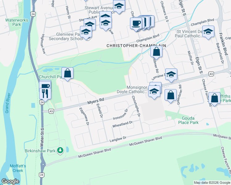 map of restaurants, bars, coffee shops, grocery stores, and more near 116 Myers Road in Cambridge