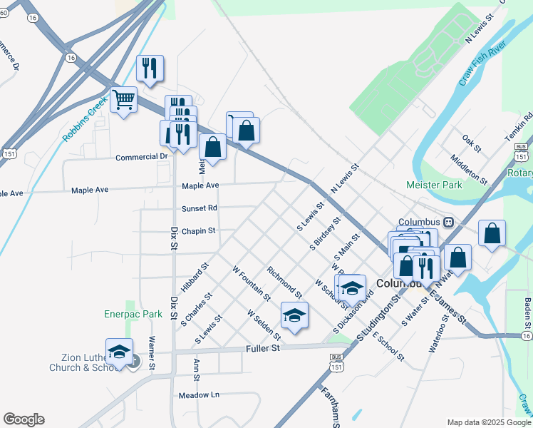 map of restaurants, bars, coffee shops, grocery stores, and more near 314 South Charles Street in Columbus