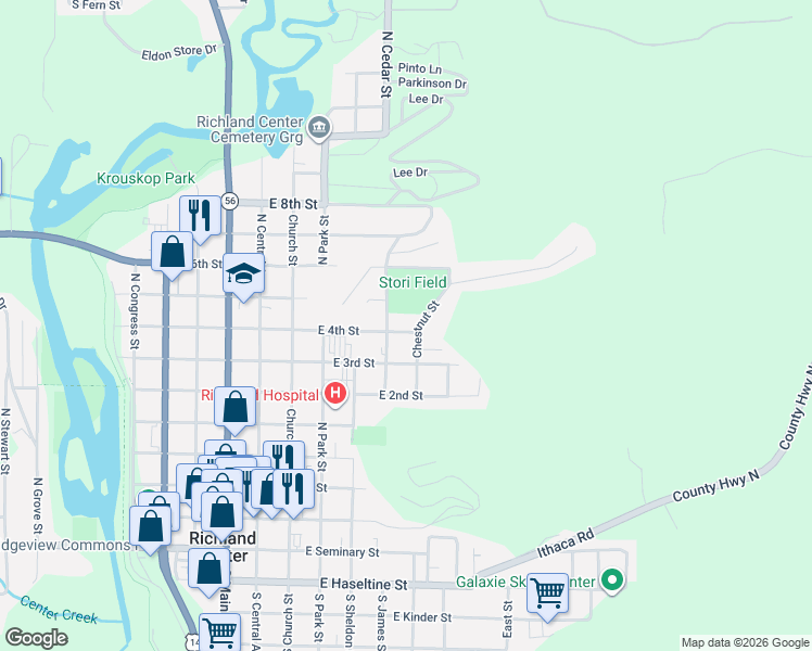 map of restaurants, bars, coffee shops, grocery stores, and more near 554 East 4th Street in Richland Center
