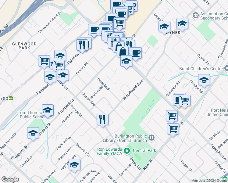 map of restaurants, bars, coffee shops, grocery stores, and more near 665 Peele Boulevard in Burlington