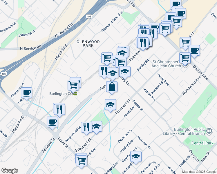 map of restaurants, bars, coffee shops, grocery stores, and more near 2166 Joyce Street in Burlington