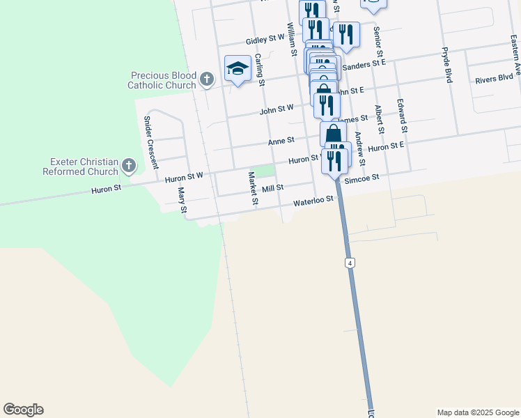 map of restaurants, bars, coffee shops, grocery stores, and more near 130 Waterloo Street in Exeter