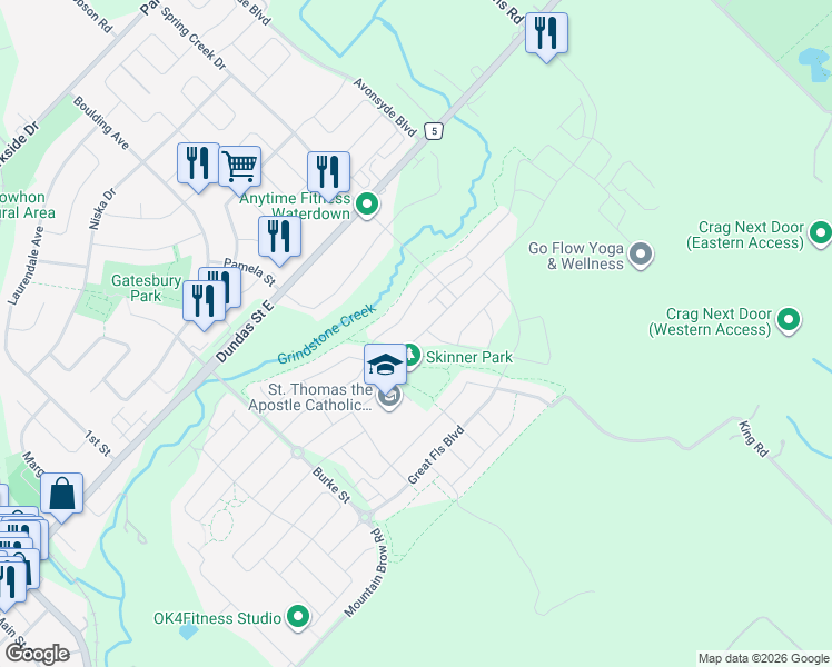 map of restaurants, bars, coffee shops, grocery stores, and more near 229 Skinner Road in Hamilton