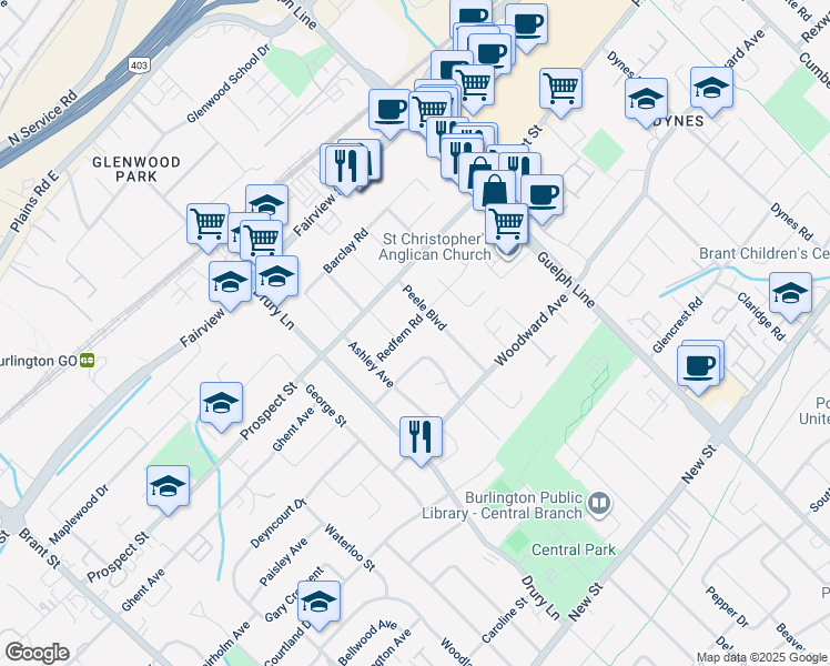 map of restaurants, bars, coffee shops, grocery stores, and more near 2338 Redfern Road in Burlington