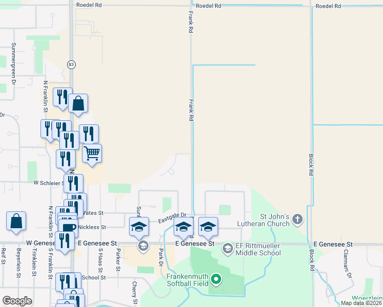 map of restaurants, bars, coffee shops, grocery stores, and more near Frank Road in Frankenmuth