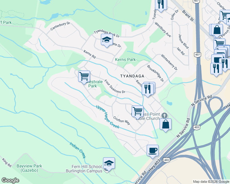 map of restaurants, bars, coffee shops, grocery stores, and more near 1149 Crofton Way in Burlington