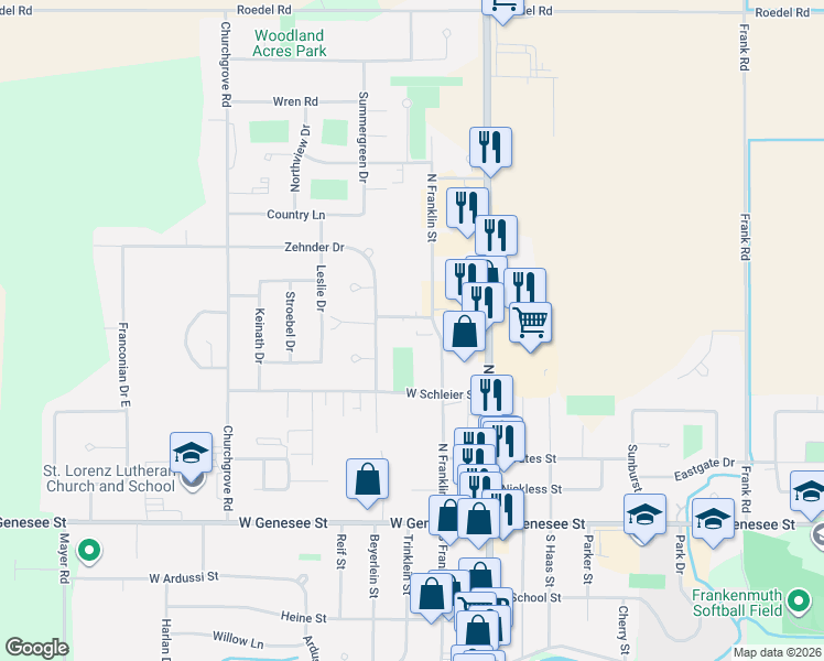 map of restaurants, bars, coffee shops, grocery stores, and more near 300-398 North Franklin Street in Frankenmuth