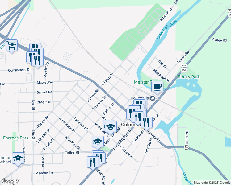 map of restaurants, bars, coffee shops, grocery stores, and more near 141 North Main Street in Columbus