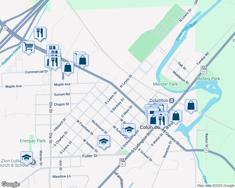 map of restaurants, bars, coffee shops, grocery stores, and more near 553 West James Street in Columbus