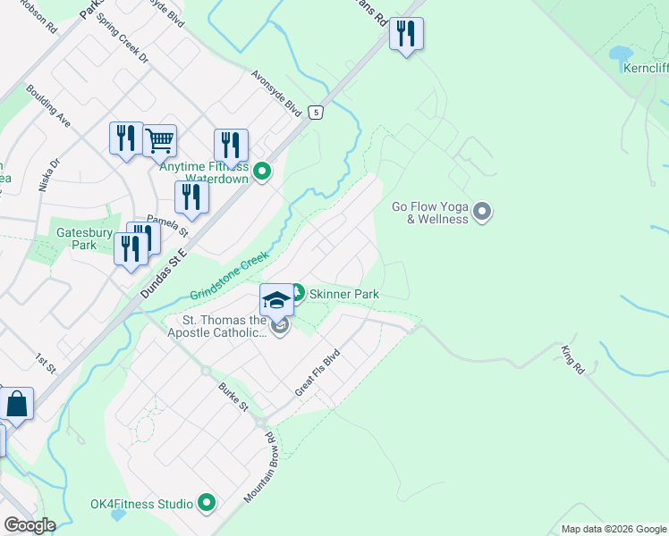 map of restaurants, bars, coffee shops, grocery stores, and more near 11 Hager Creek Terrace in Hamilton