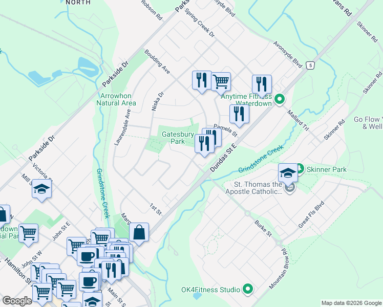 map of restaurants, bars, coffee shops, grocery stores, and more near 43 Boulding Avenue in Hamilton