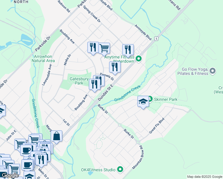 map of restaurants, bars, coffee shops, grocery stores, and more near 430 Dundas Street East in Hamilton