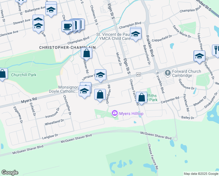 map of restaurants, bars, coffee shops, grocery stores, and more near 150 Greenbrier Road in Cambridge