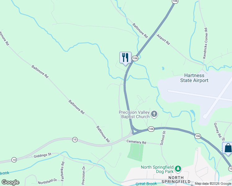 map of restaurants, bars, coffee shops, grocery stores, and more near 58 County Road South in Springfield