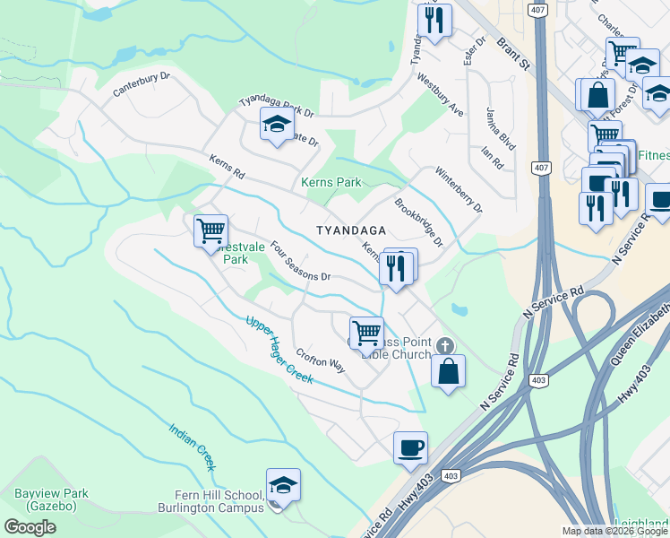 map of restaurants, bars, coffee shops, grocery stores, and more near 1885 Four Seasons Drive in Burlington