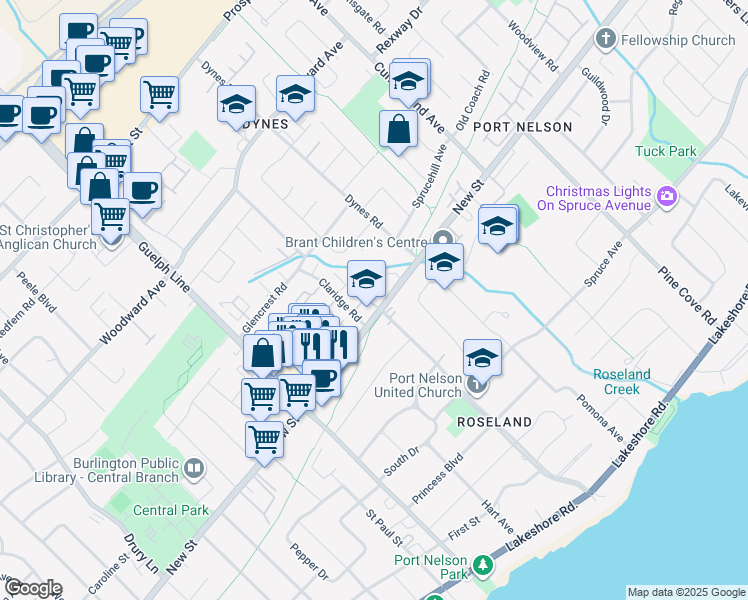 map of restaurants, bars, coffee shops, grocery stores, and more near 3115 New Street in Burlington