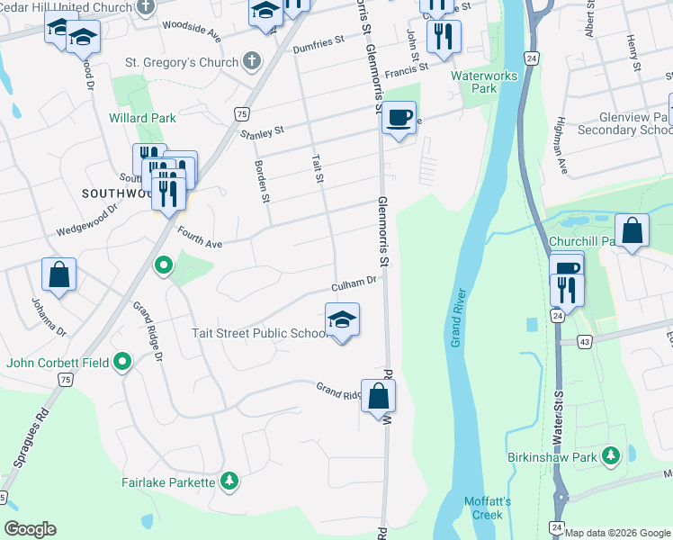 map of restaurants, bars, coffee shops, grocery stores, and more near 19 Culham Drive in Cambridge