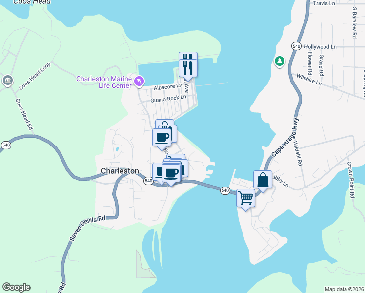 map of restaurants, bars, coffee shops, grocery stores, and more near 90402 Metcalf Drive in Charleston