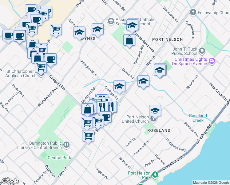 map of restaurants, bars, coffee shops, grocery stores, and more near 3077 New Street in Burlington