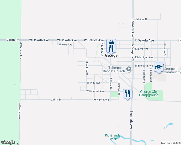 map of restaurants, bars, coffee shops, grocery stores, and more near 307 West Indiana Avenue in George