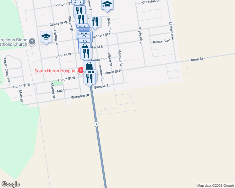 map of restaurants, bars, coffee shops, grocery stores, and more near 82 Rowe Avenue in South Huron