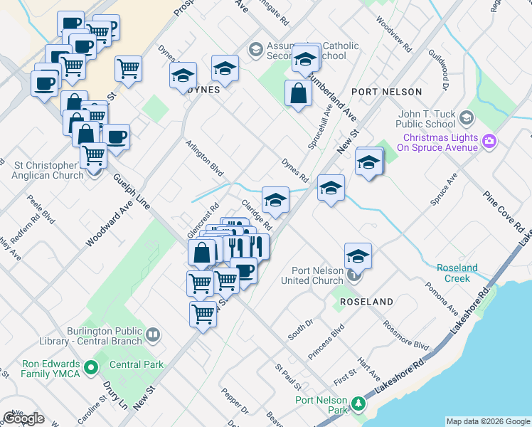 map of restaurants, bars, coffee shops, grocery stores, and more near 3077 New Street in Burlington