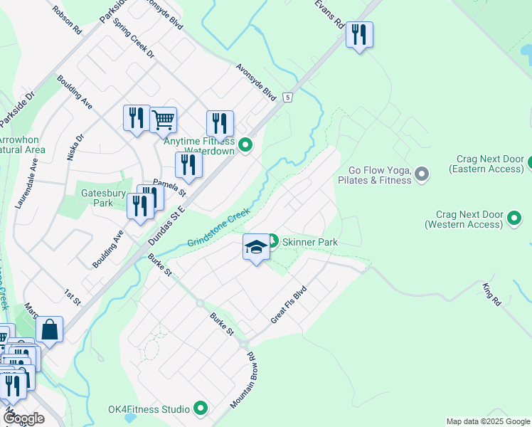 map of restaurants, bars, coffee shops, grocery stores, and more near 247 Humphrey Street in Hamilton