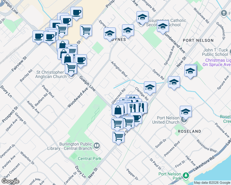 map of restaurants, bars, coffee shops, grocery stores, and more near 3041 Glencrest Road in Burlington