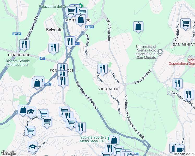 map of restaurants, bars, coffee shops, grocery stores, and more near 41 Via Liguria in Siena