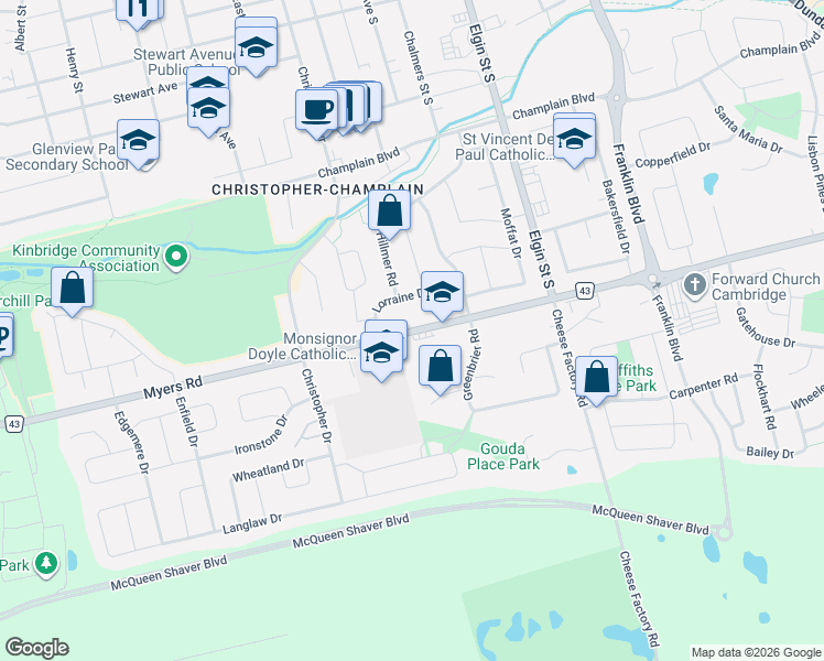 map of restaurants, bars, coffee shops, grocery stores, and more near 196 Myers Road in Cambridge