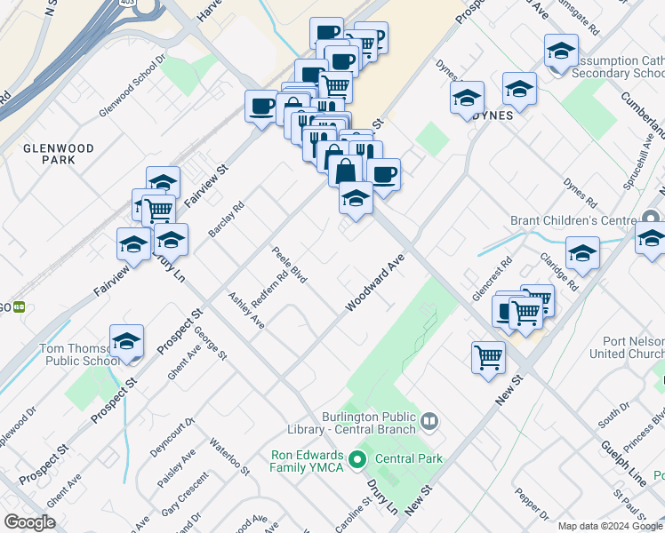 map of restaurants, bars, coffee shops, grocery stores, and more near 680 Powell Court in Burlington