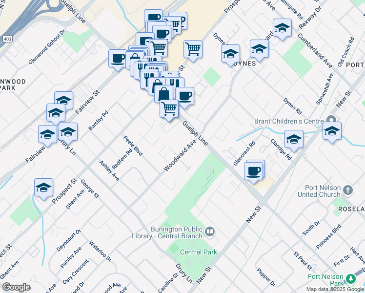 map of restaurants, bars, coffee shops, grocery stores, and more near 2435 Woodward Avenue in Burlington