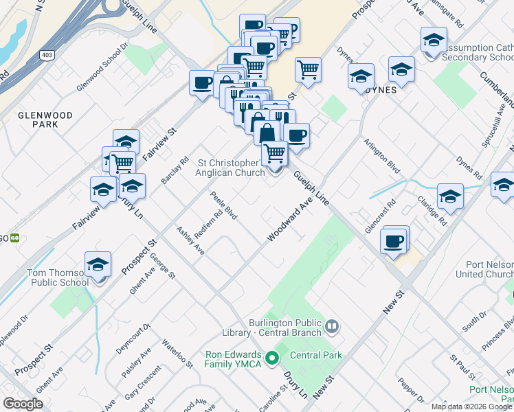 map of restaurants, bars, coffee shops, grocery stores, and more near 680 Powell Court in Burlington