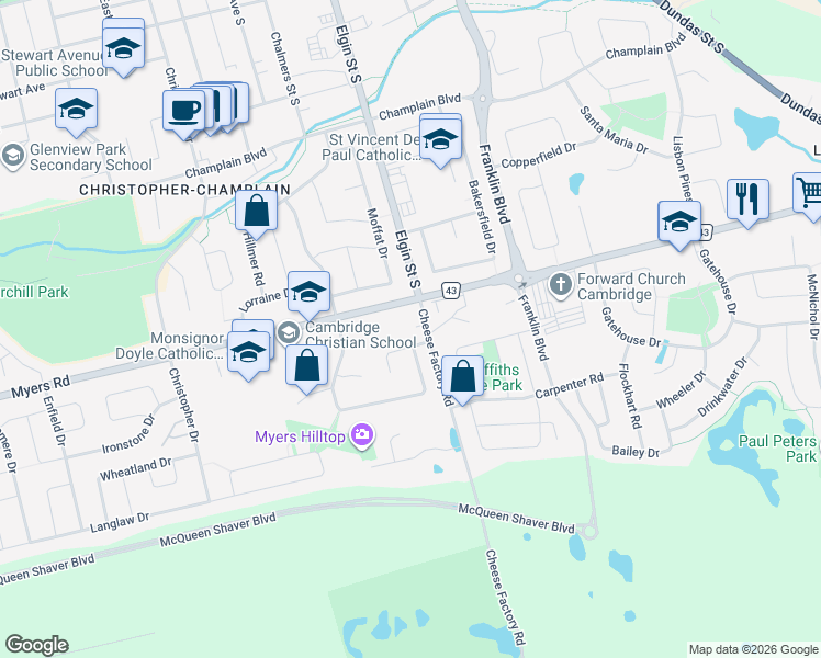 map of restaurants, bars, coffee shops, grocery stores, and more near 40 Cheese Factory Road in Cambridge