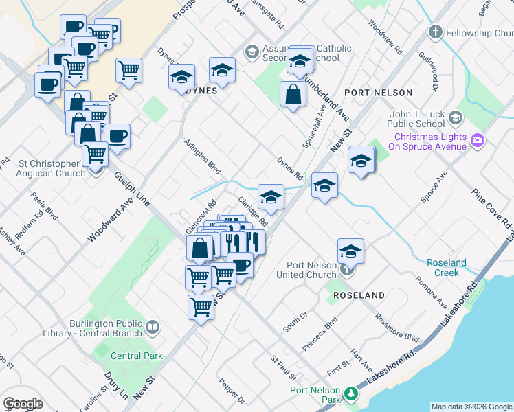 map of restaurants, bars, coffee shops, grocery stores, and more near 514 Rosedale Crescent in Burlington