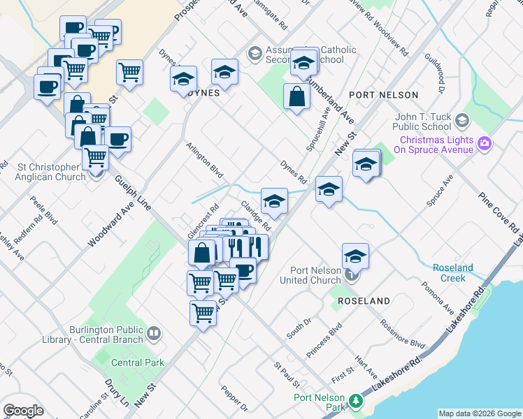 map of restaurants, bars, coffee shops, grocery stores, and more near 475 Claridge Road in Burlington