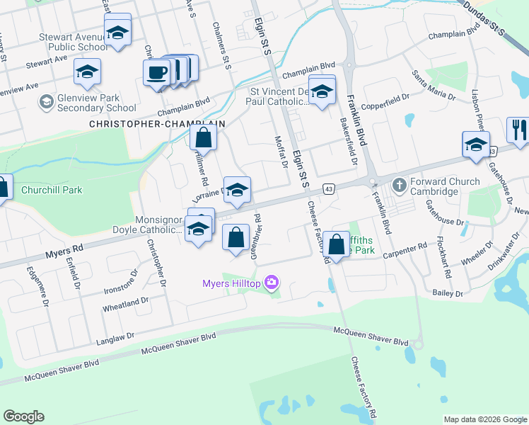 map of restaurants, bars, coffee shops, grocery stores, and more near 155 Greenbrier Road in Cambridge