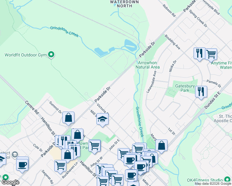 map of restaurants, bars, coffee shops, grocery stores, and more near 105 Wellington Street in Hamilton
