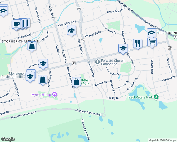 map of restaurants, bars, coffee shops, grocery stores, and more near 119 Bloomington Drive in Cambridge