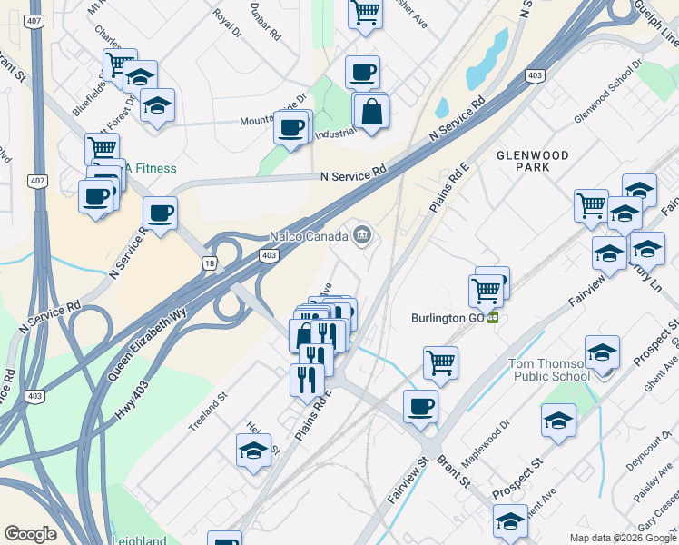 map of restaurants, bars, coffee shops, grocery stores, and more near 2074 Churchill Avenue in Burlington