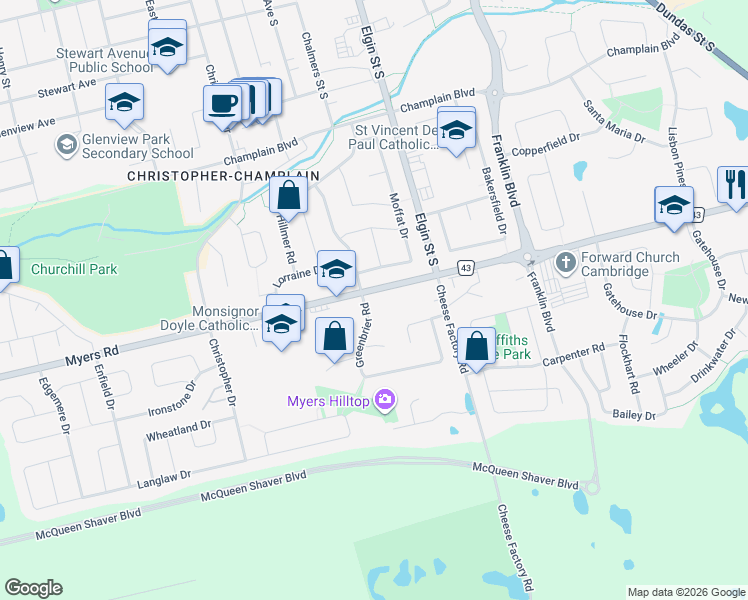 map of restaurants, bars, coffee shops, grocery stores, and more near 155 Greenbrier Road in Cambridge