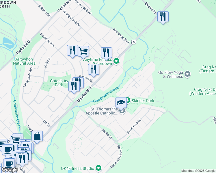 map of restaurants, bars, coffee shops, grocery stores, and more near 67 Riverwalk Drive in Hamilton