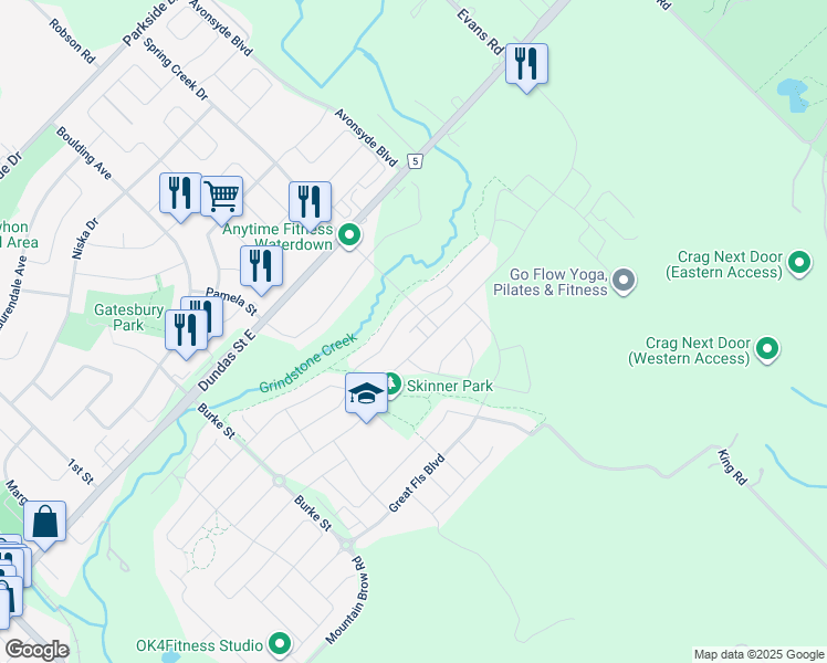 map of restaurants, bars, coffee shops, grocery stores, and more near 261 Skinner Road in Hamilton