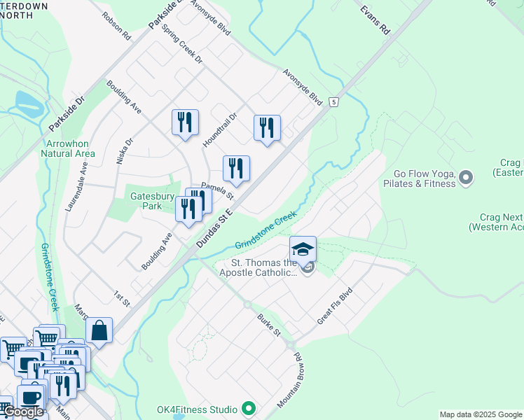 map of restaurants, bars, coffee shops, grocery stores, and more near in Waterdown