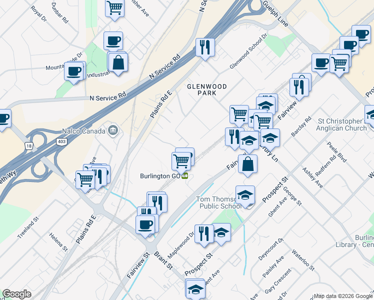 map of restaurants, bars, coffee shops, grocery stores, and more near 2200 Glenwood School Drive in Burlington